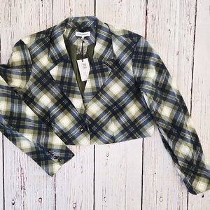 WeWoreWhat Blue and Green Plaid Cropped Boxy Blazer NWT Size Large-XL